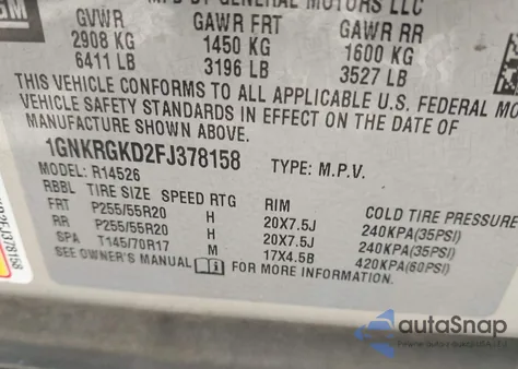 2015 Chevrolet Traverse 1Lt from USA, damaged, VIN 1GNKRGKD2FJ378158